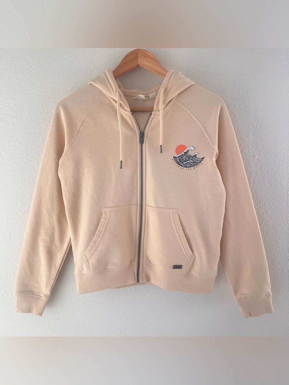Roxy Cream Beach Wave Graphic Zip Up Hoodie Lightweight Summer Surfer Girl XS